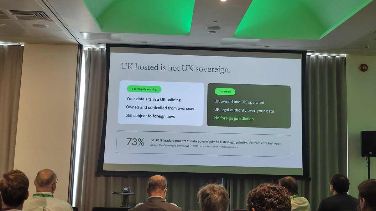 A conference audience faces a slide titled “UK hosted is not UK sovereign”, contrasting sovereignty washing with genuine UK sovereignty.